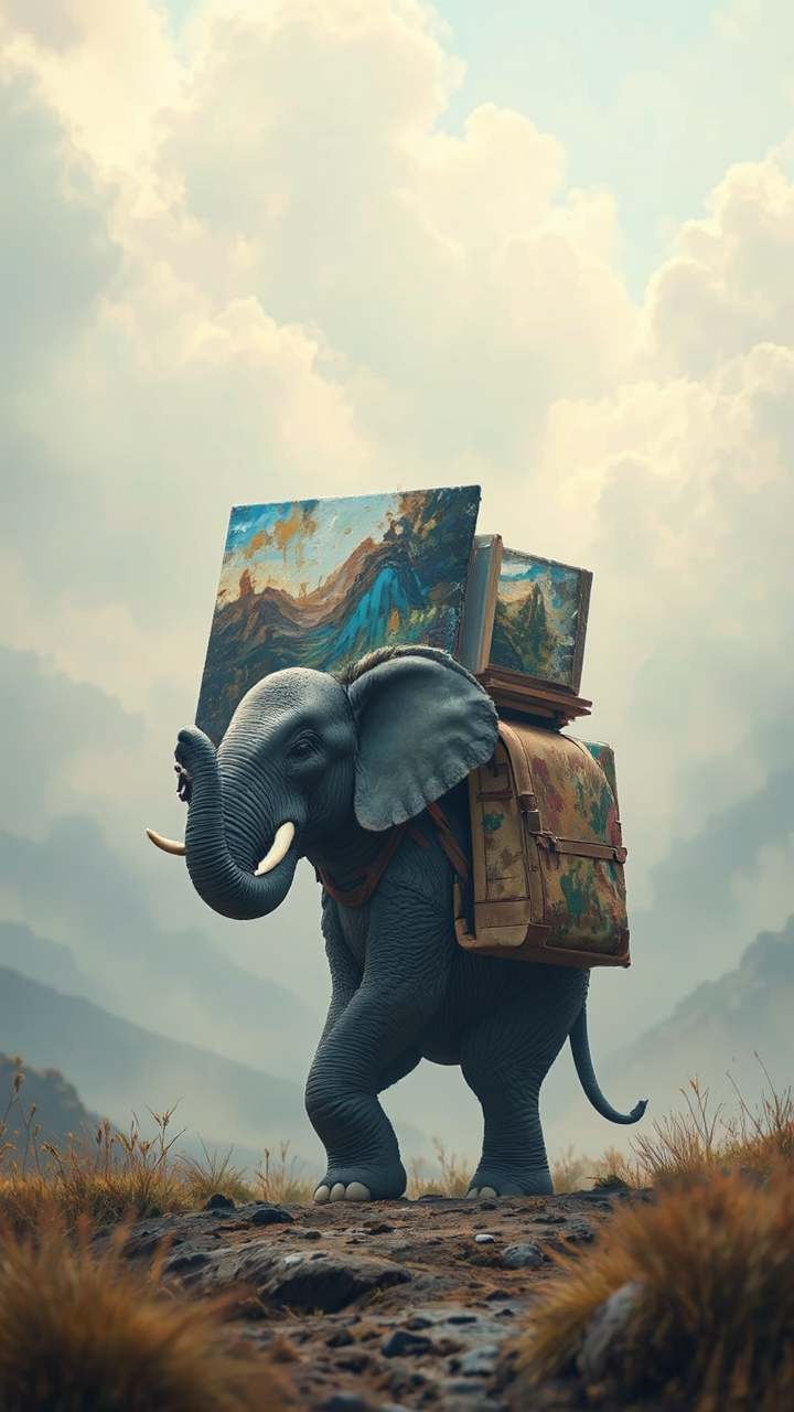 Elephant holds canvas on