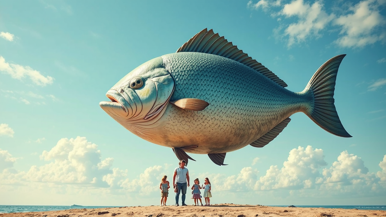 Oversized fish stands beside