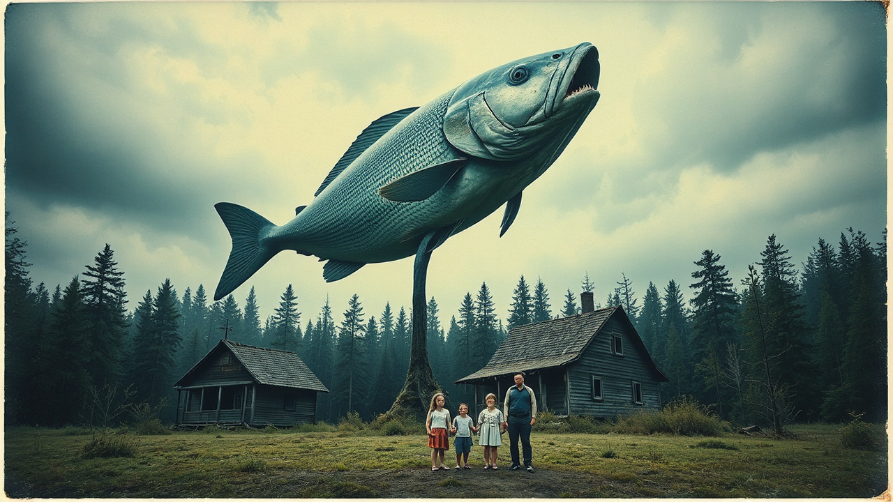 An oversized fish towers