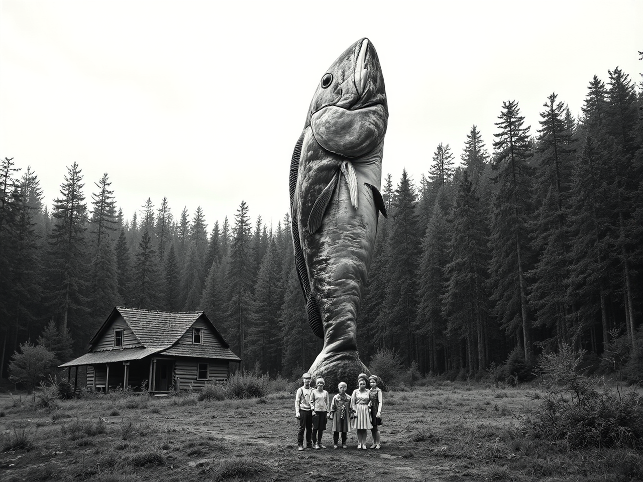 Oversized fish stands over