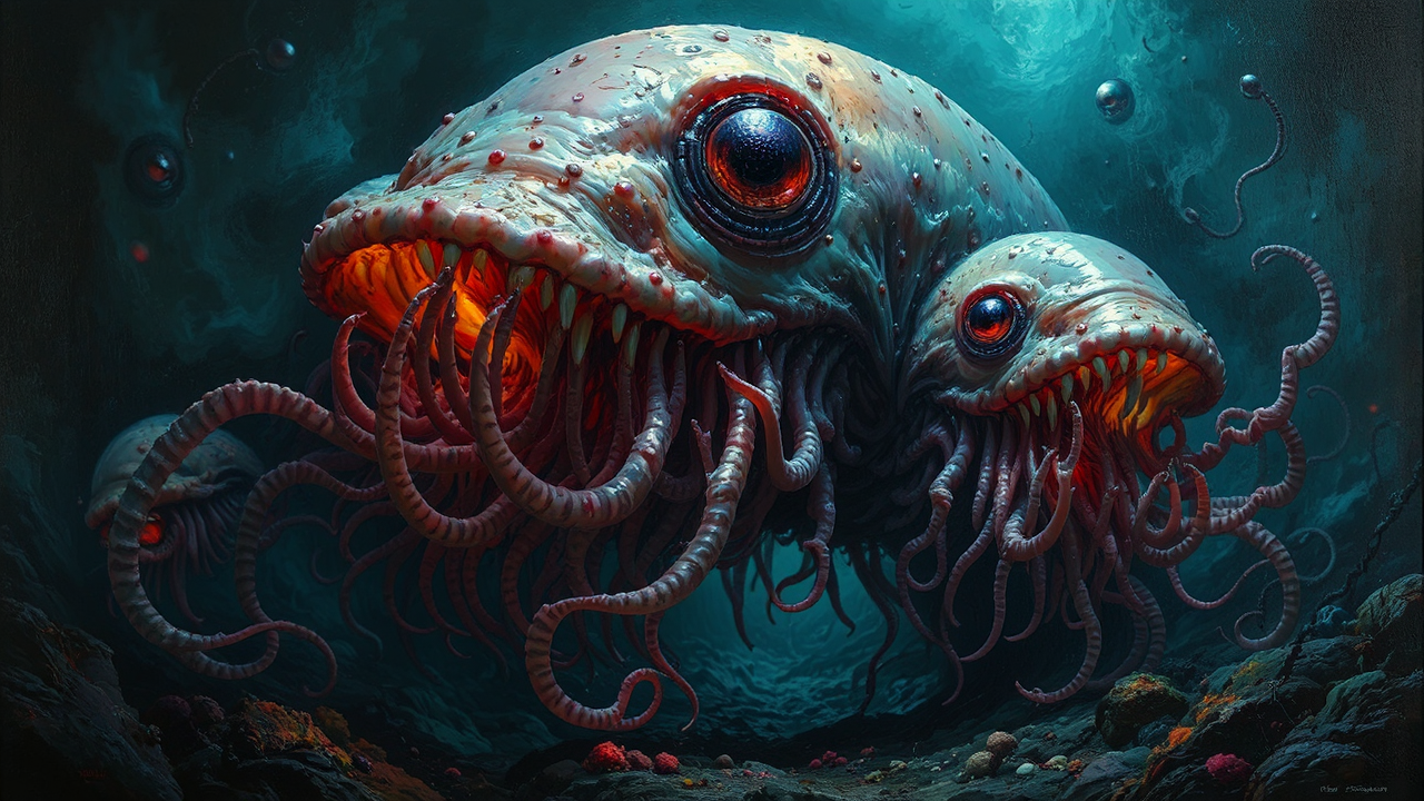 Cuttlefish-like creatures in darkness.