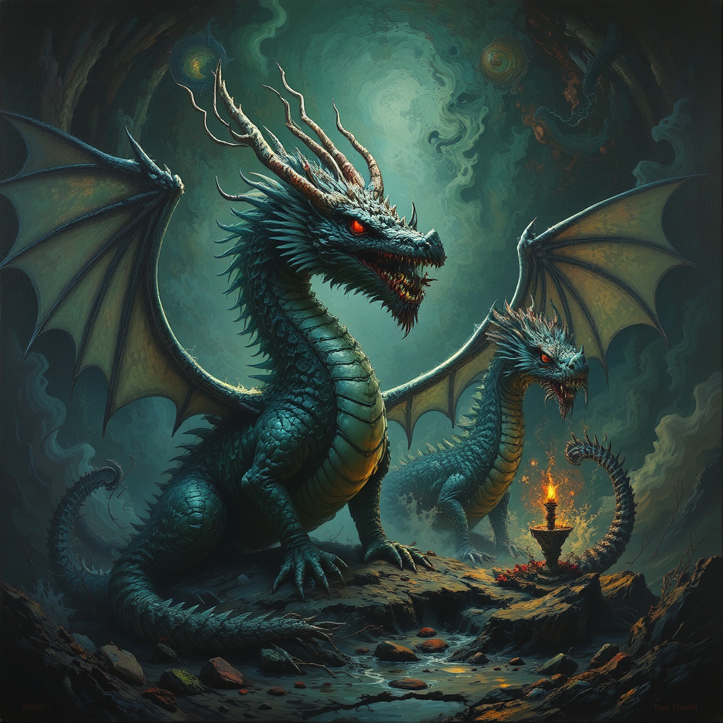 Alchemical dragons in dark