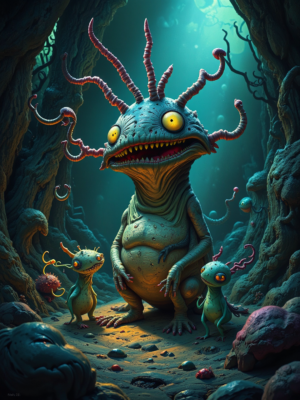 Surreal, dreamlike cartoon characters.