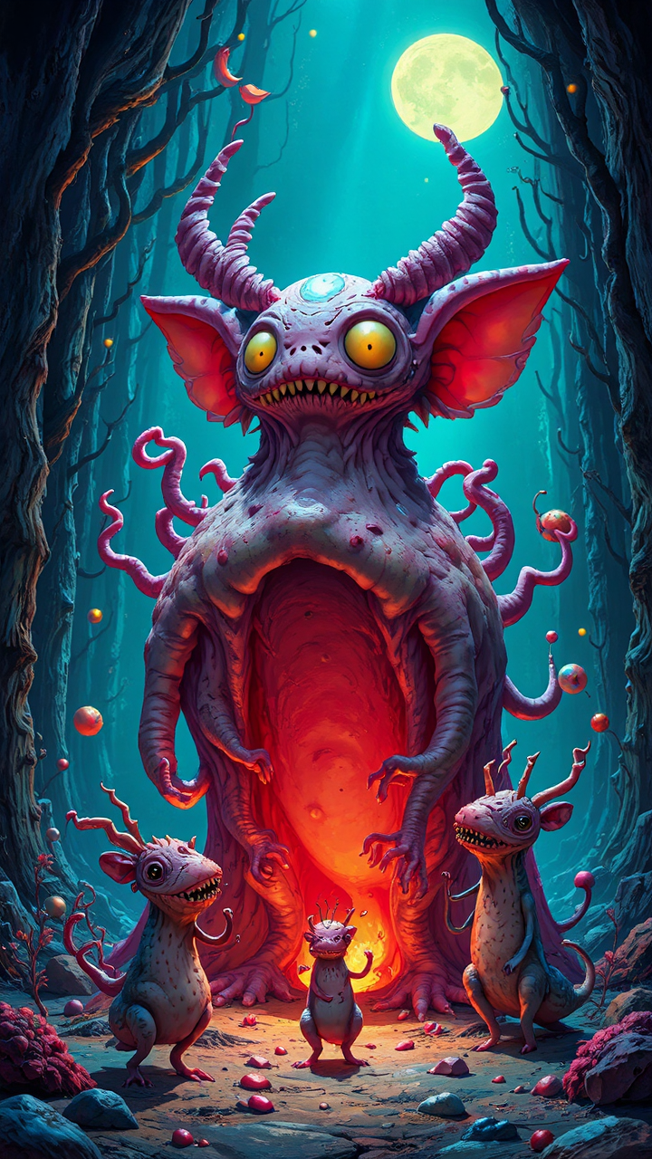 Surreal cartoon creatures in