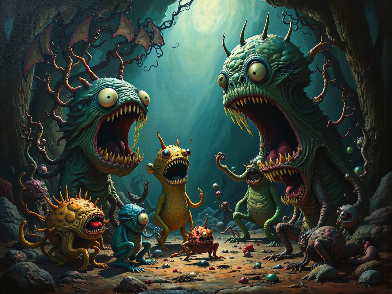 Whimsical monsters in dark