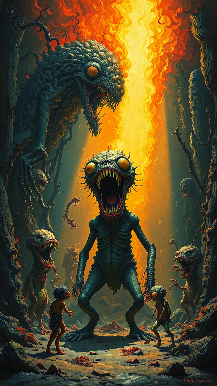 Monsters with dramatic firelit