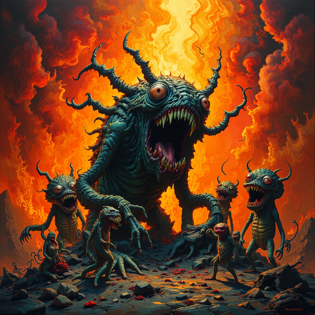 Monsters with surreal, fiery
