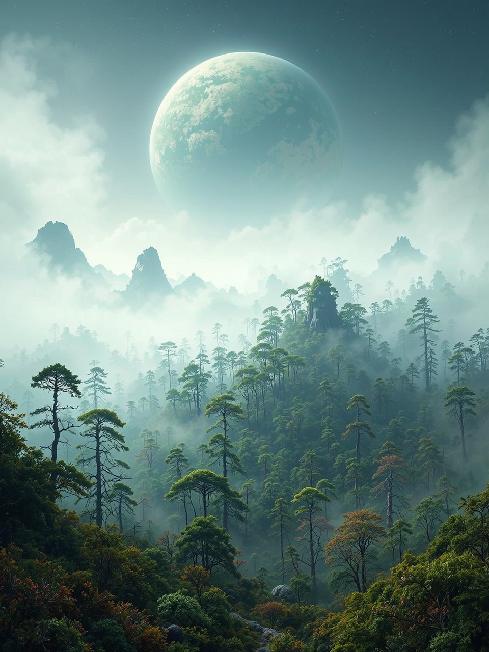 Dense foggy alien forest