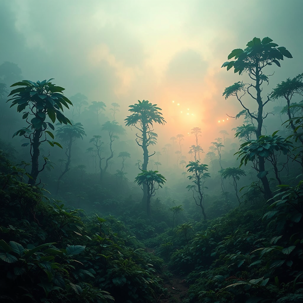 Dense foggy alien forest