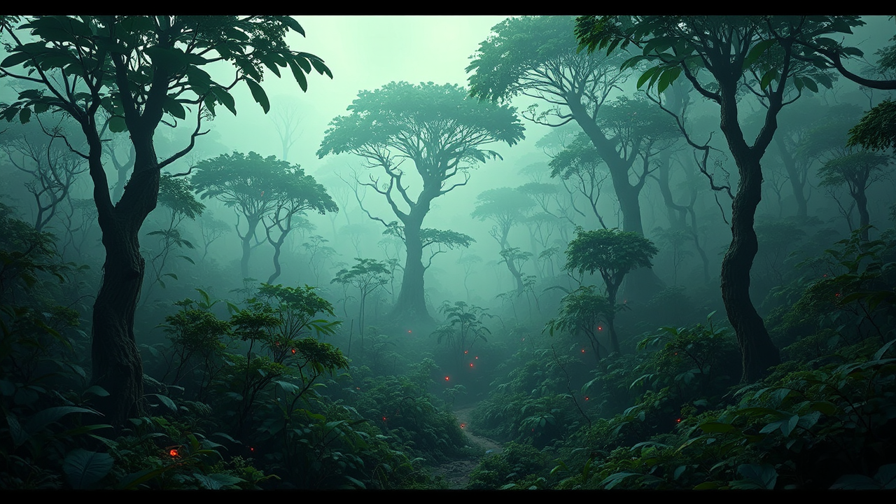 Dense, foggy alien forest