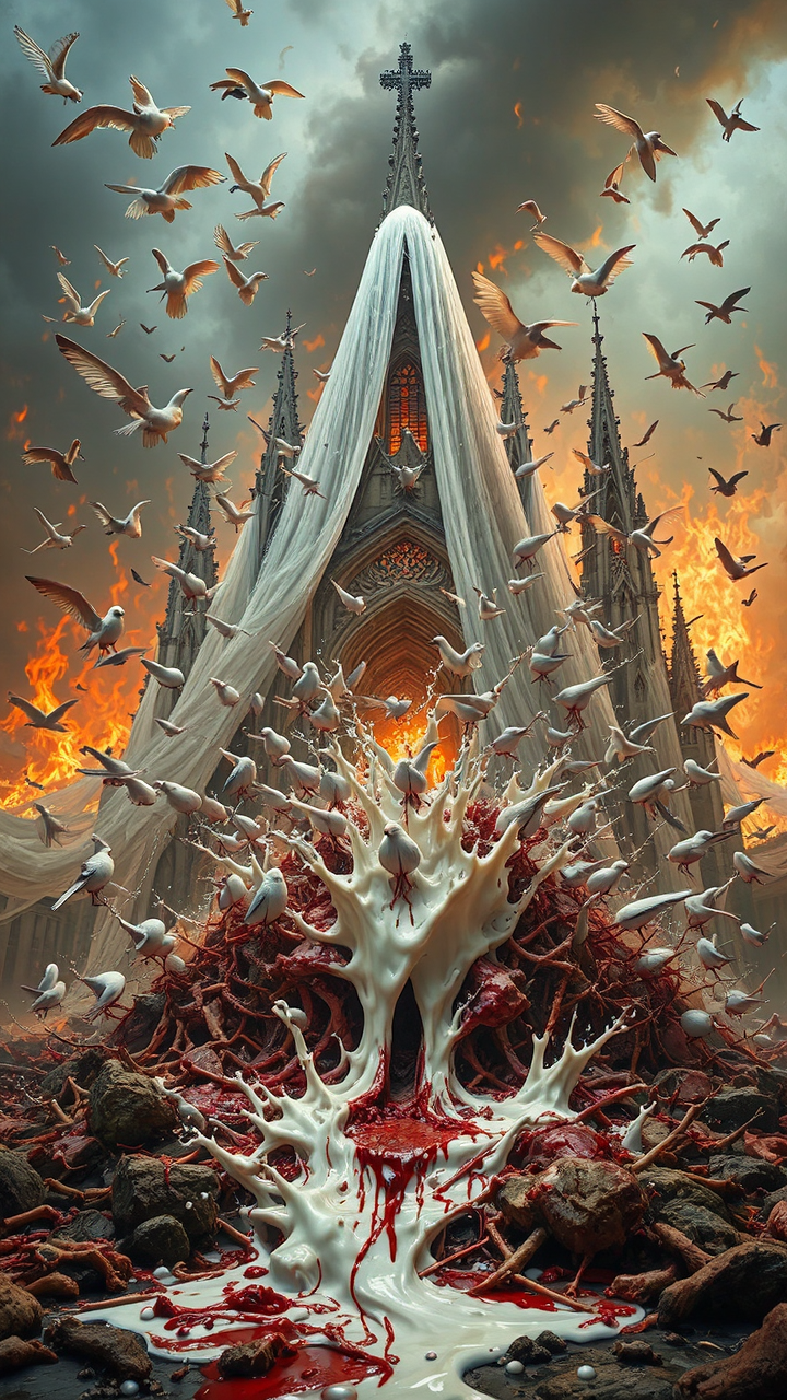 Birds in flames with