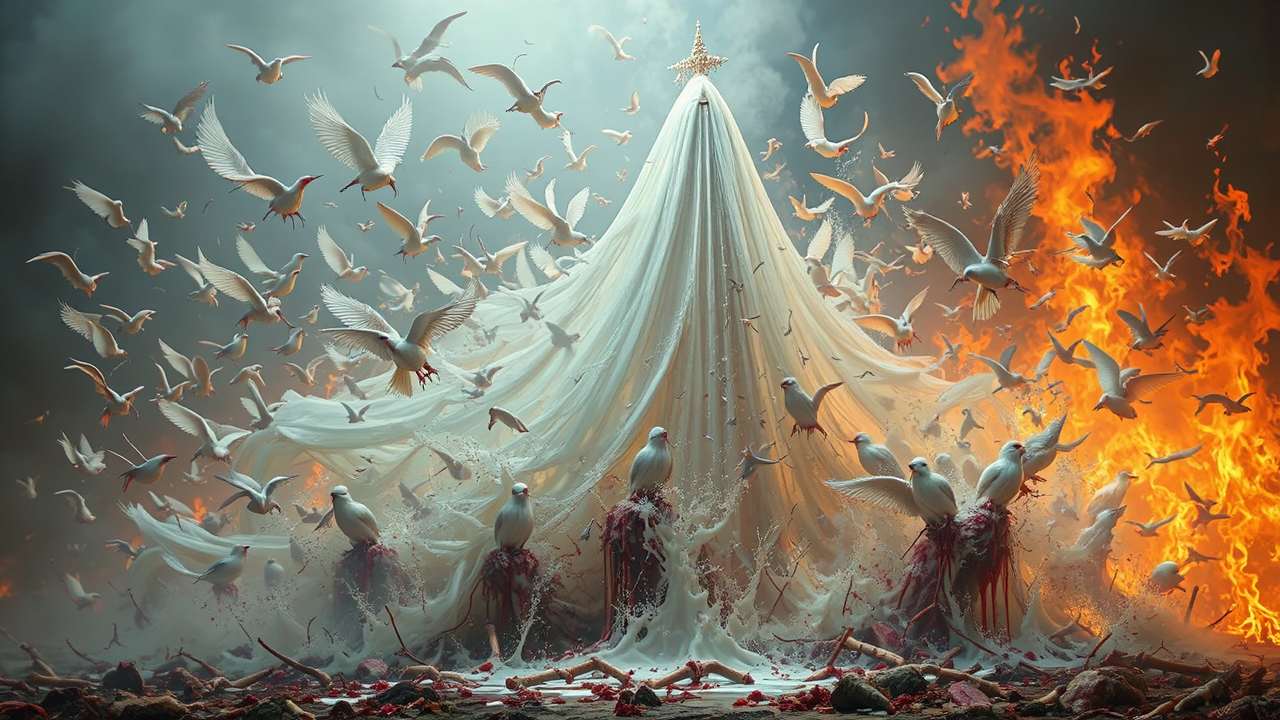 Burning cathedral with birds