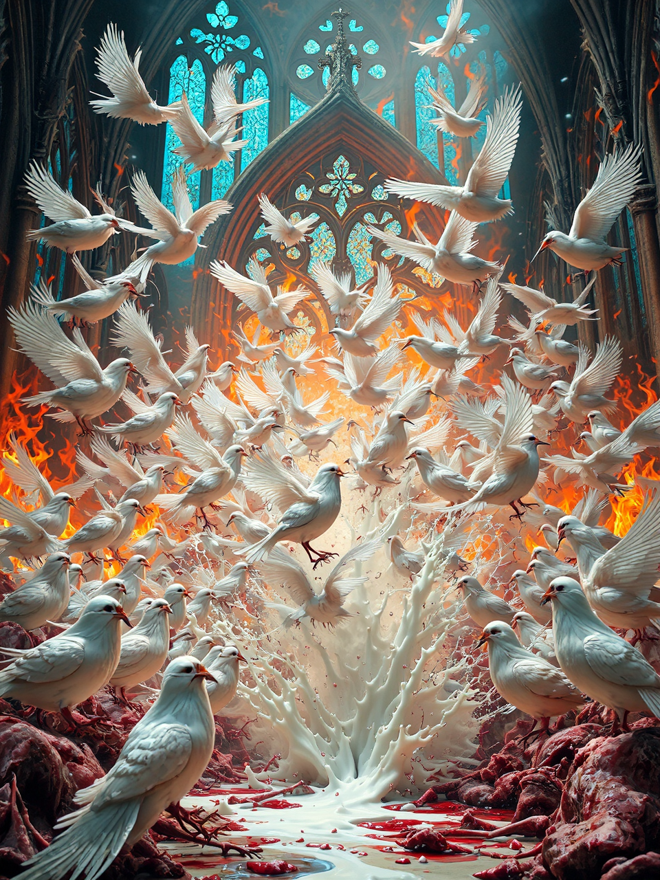 Birds amidst cathedral flames.