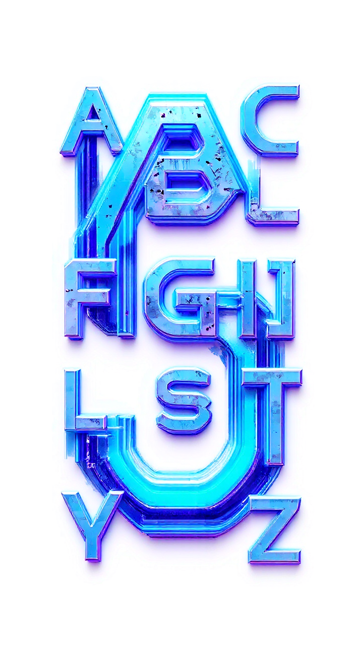 Futuristic alphabet letters displayed.