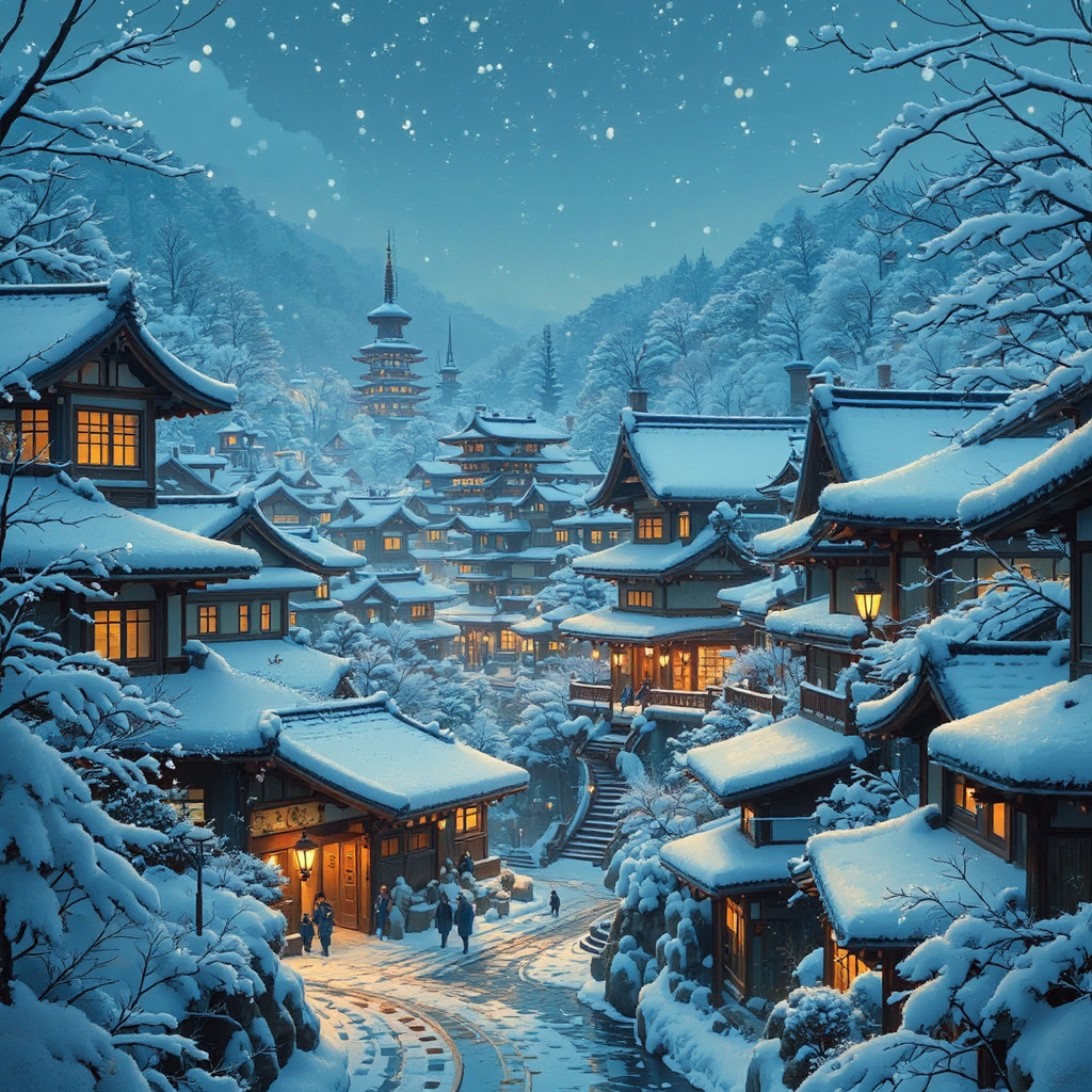 Snow-covered Japanese cityscape at