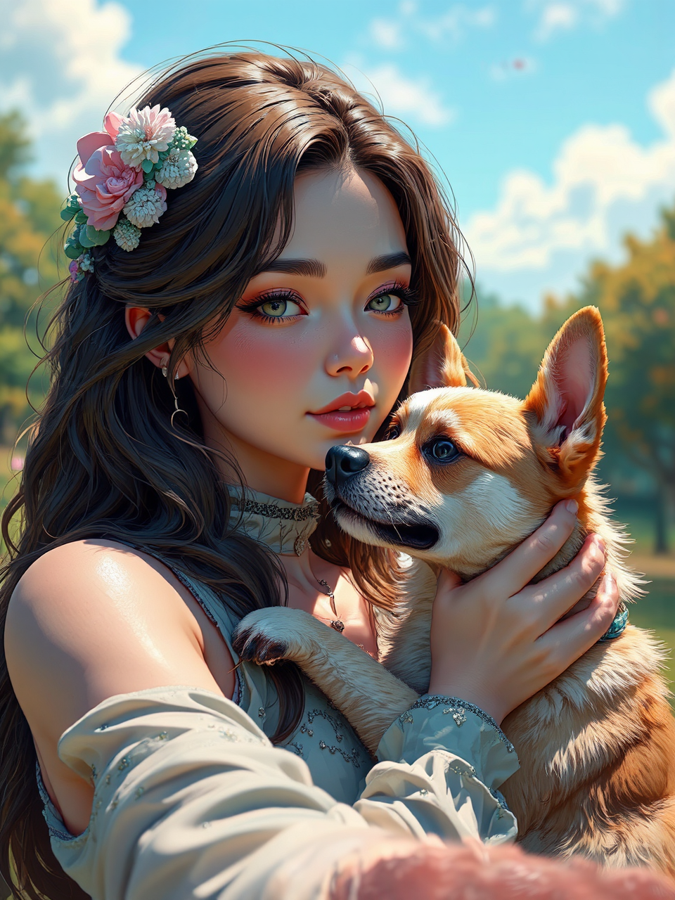 Woman caressing a dog.