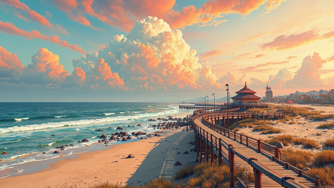 Beach view with colorful