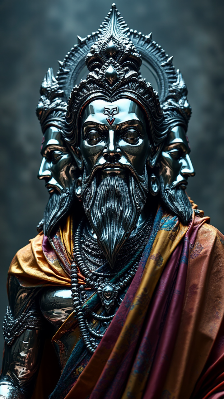 Chrome-carved statue of Brahma.