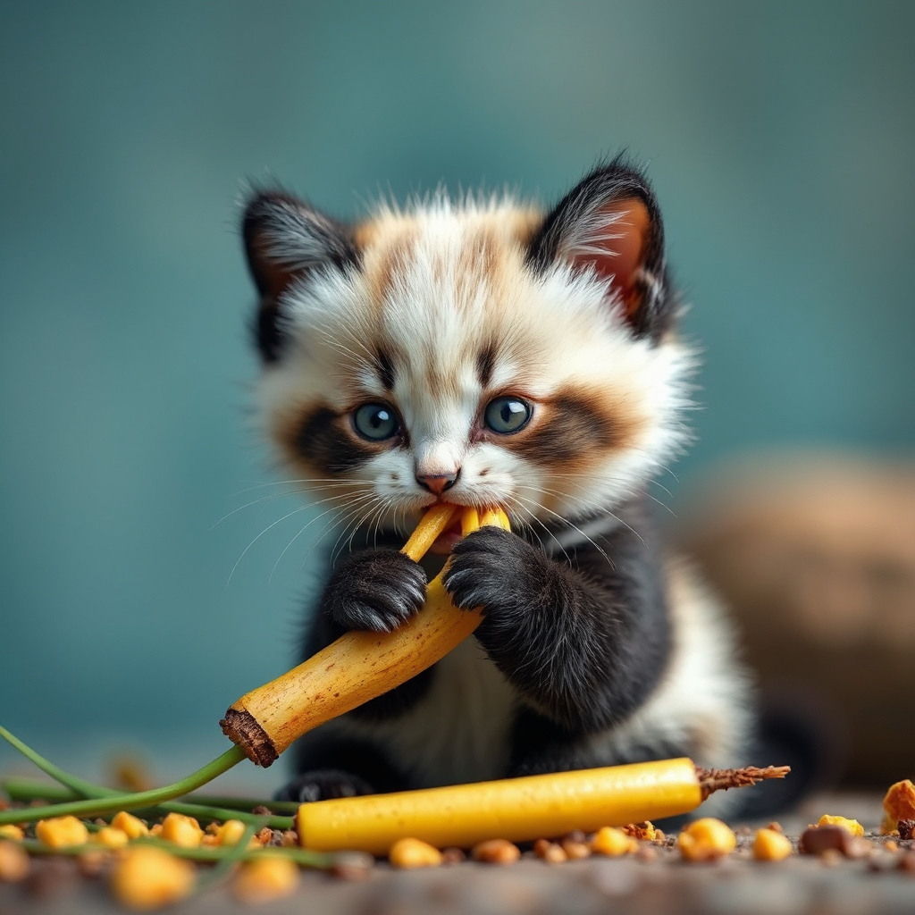 Cute kitten eating bamboo
