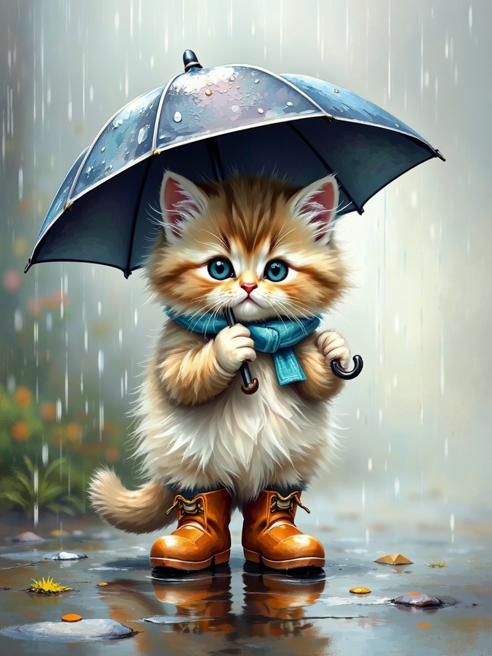 Kitten stands in rainy