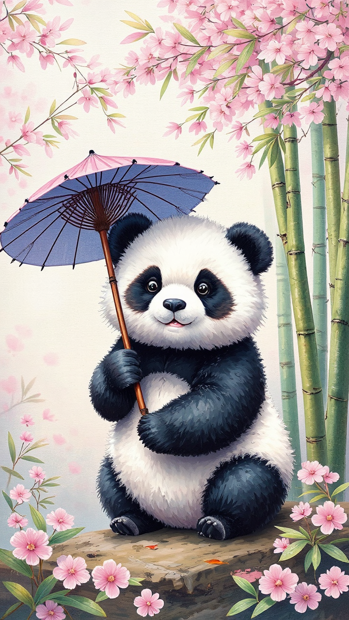Cute panda holds parasol