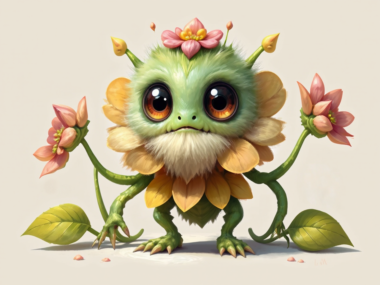 Anthropomorphic flower creature character.