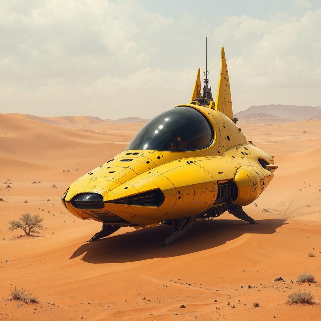 Yellow spaceship in desert