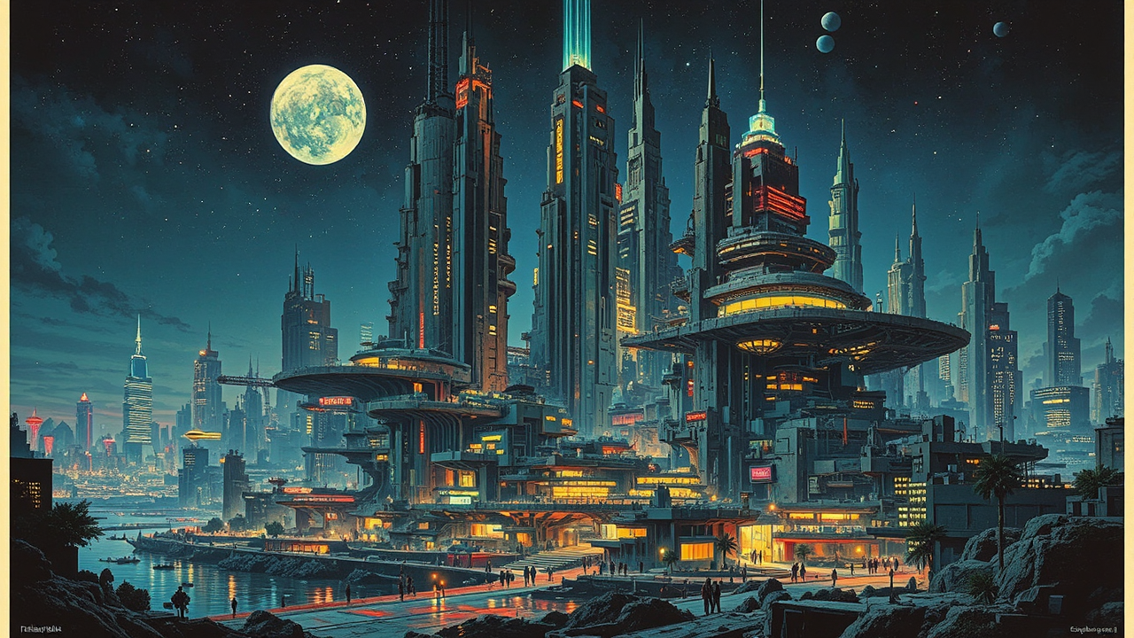 Brutalist sci-fi spaceport city