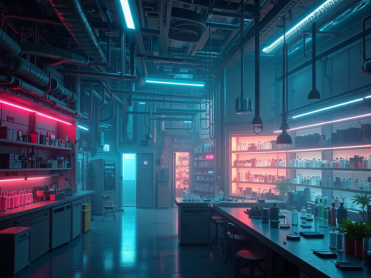 Cyberpunk sci-fi lab interior.