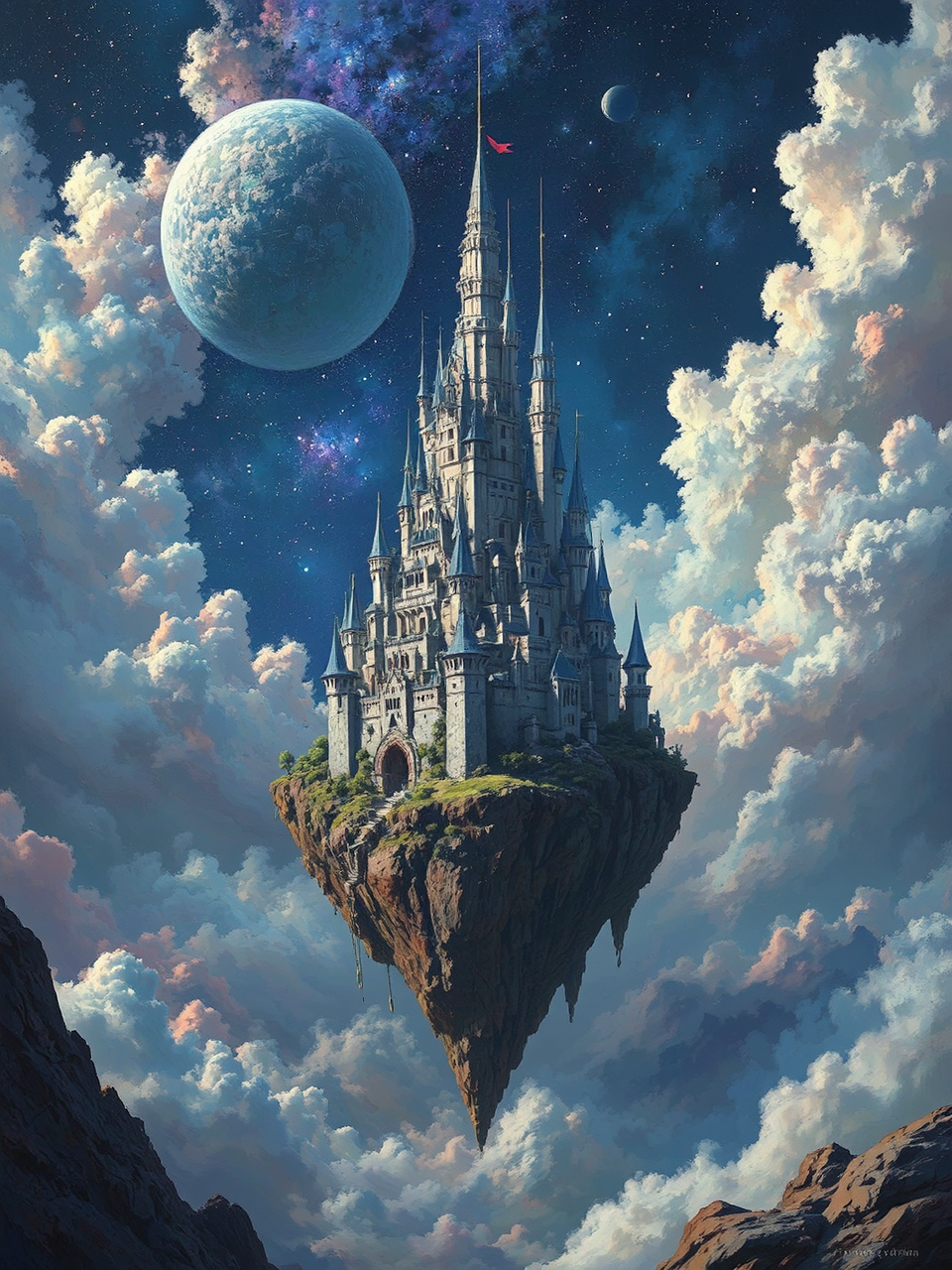 Floating castle in space.