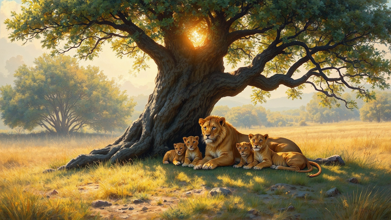 Lion and cubs resting