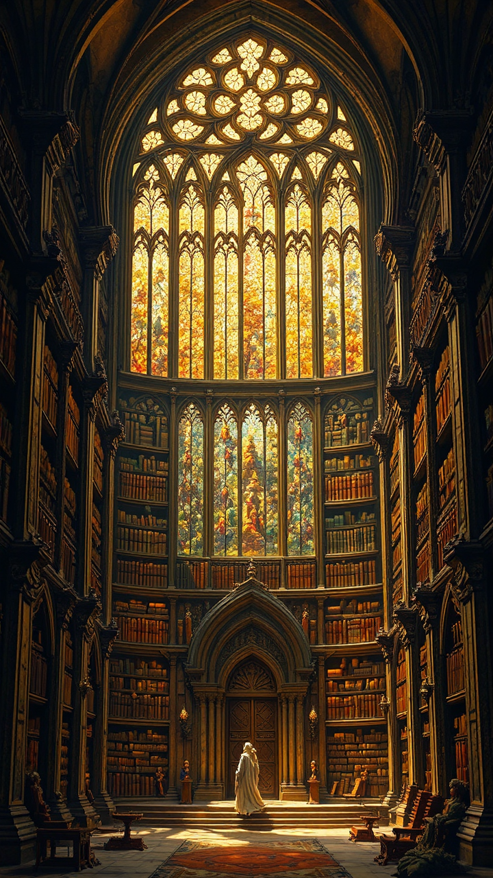 Tall, ancient library with