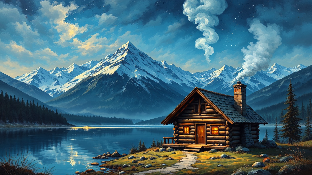 Log cabin with snowy