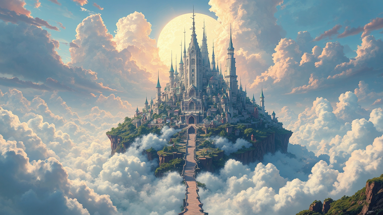 Floating cityscape with architecture.