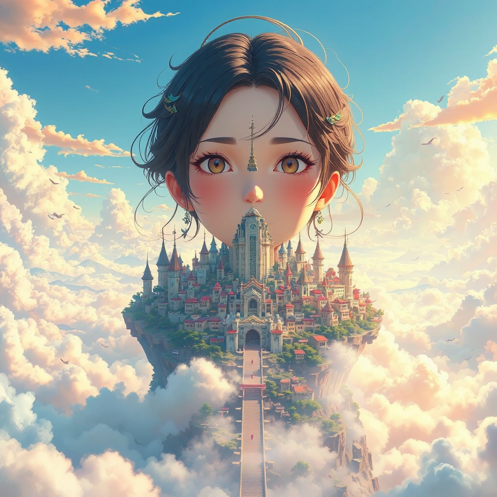 Flying city on colorful