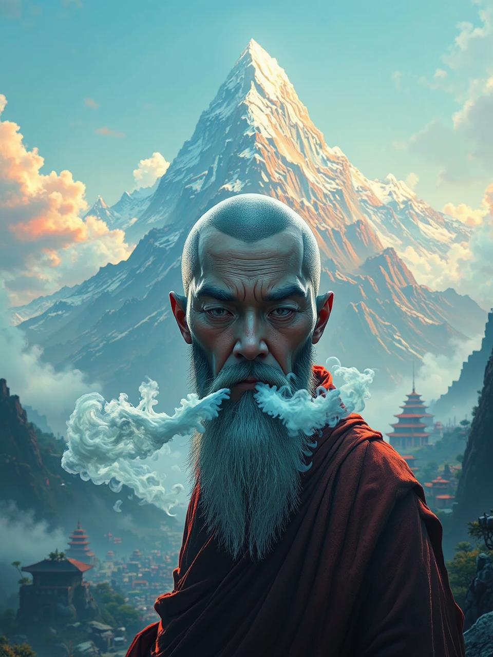 Monk smokes on mountain.