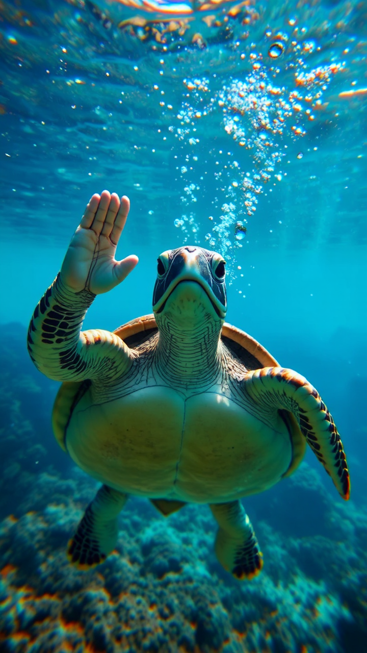 Turtle salutes underwater.