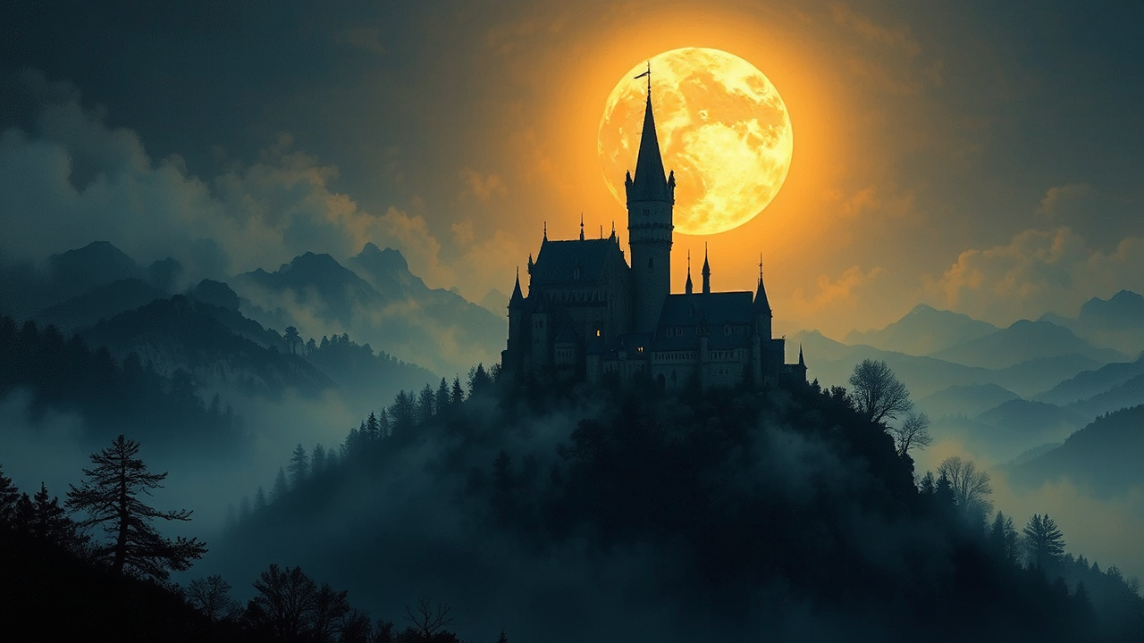 Castle in misty mountain