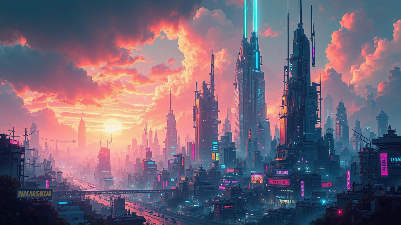 Gritty futuristic urban landscape.