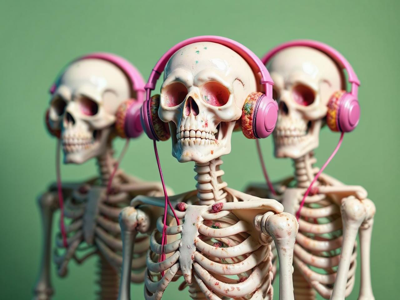Skeletons with skull-shaped headphones.