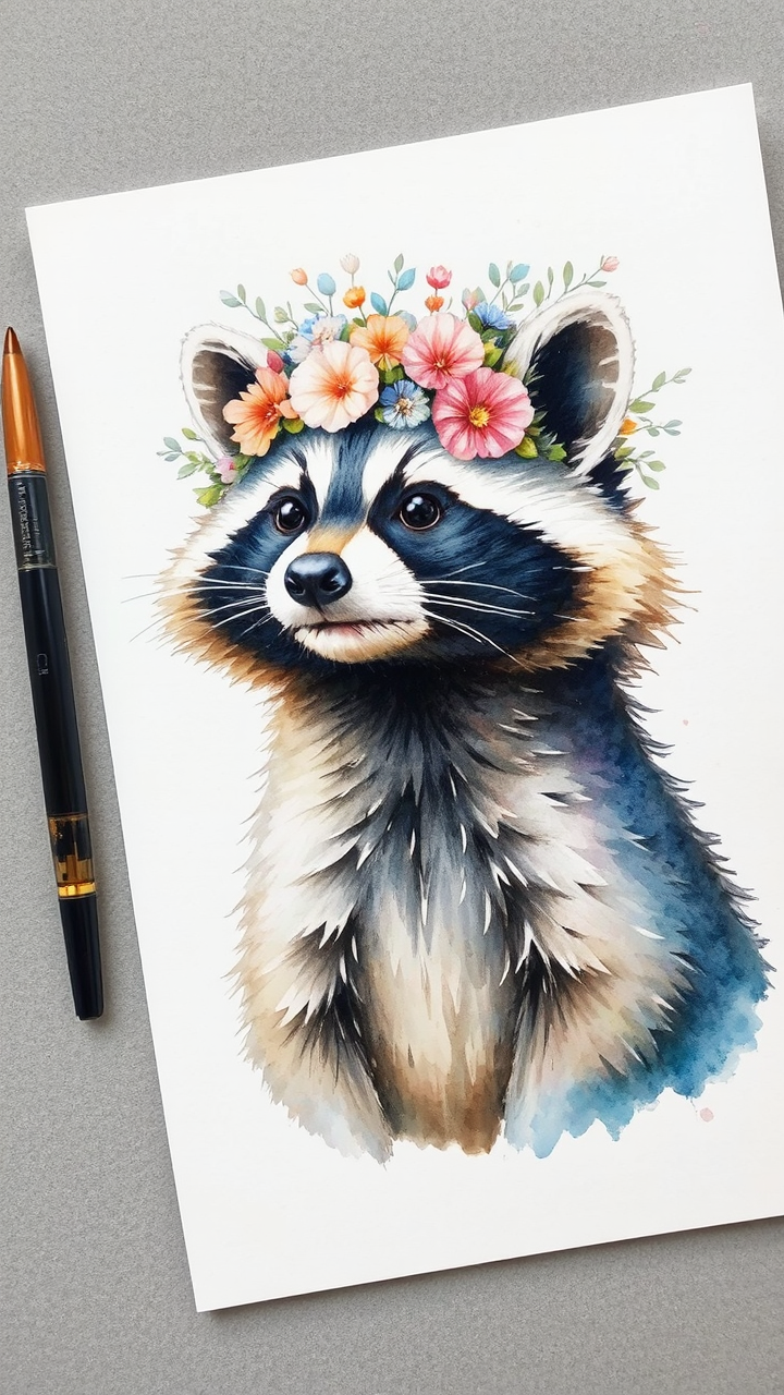Watercolor painting of raccoon