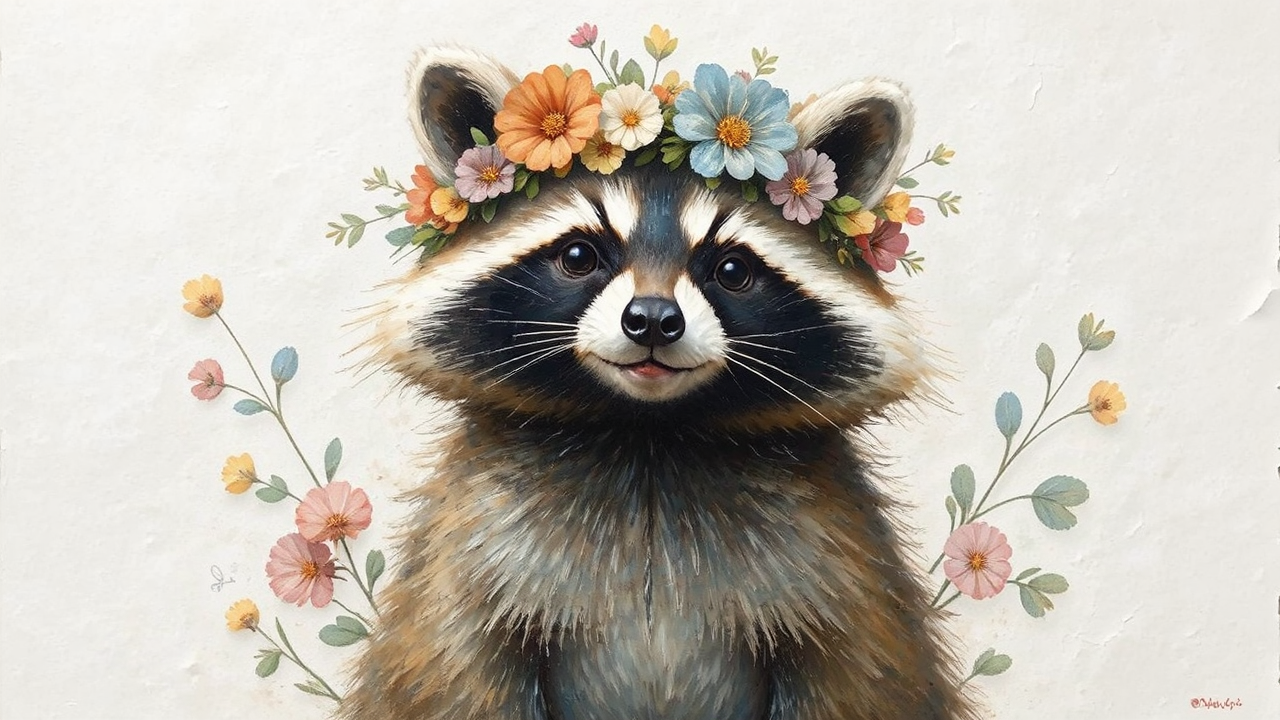 Raccoon in flower crown.