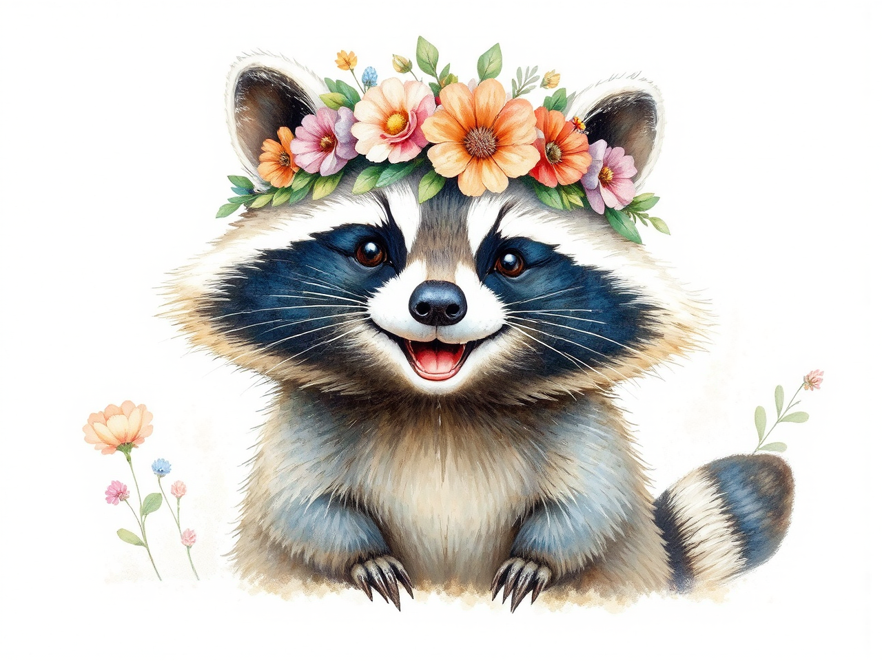 Smiling raccoon in flower