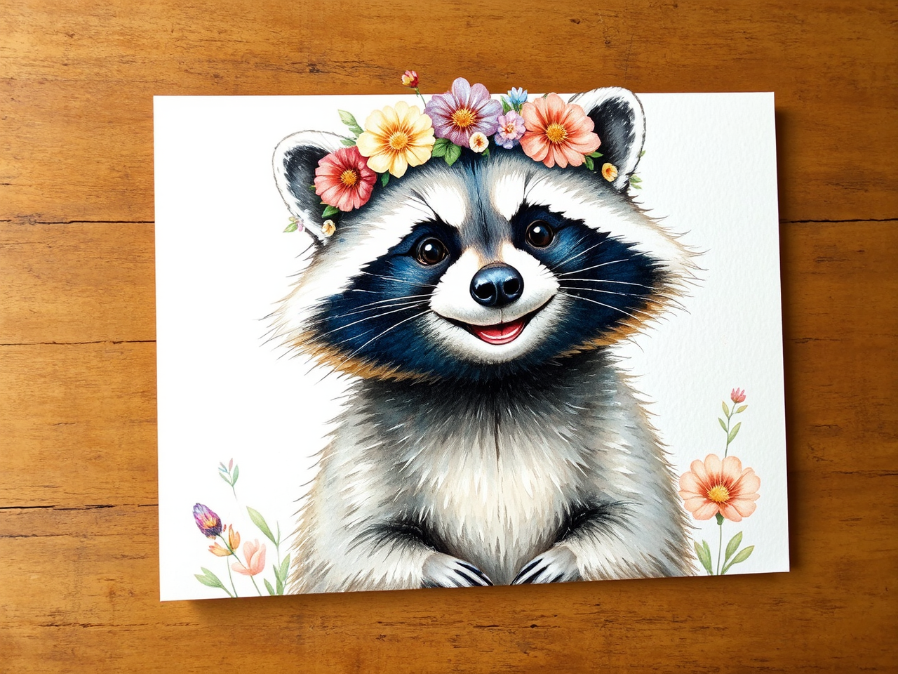 Smiling raccoon in flower