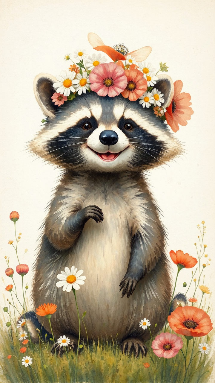 Smiling raccoon with flower
