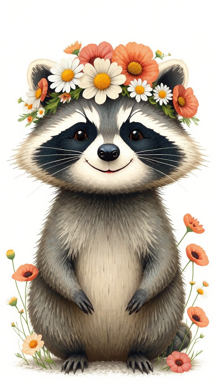 Smiling raccoon with flower