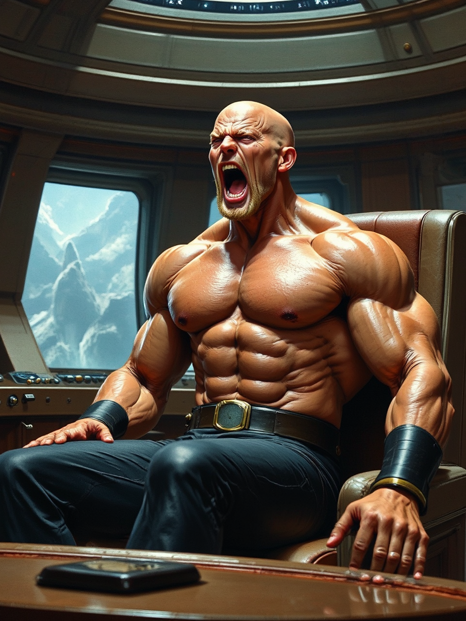 Muscled Jean-Luc Picard sits