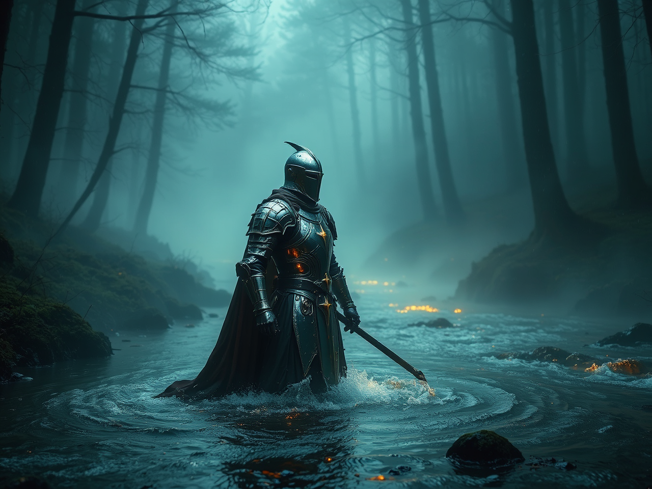 Knight stands in misty