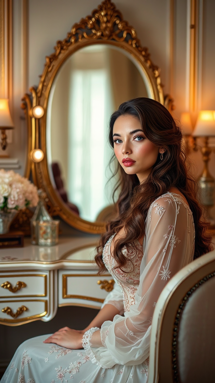 Woman sits at ornate