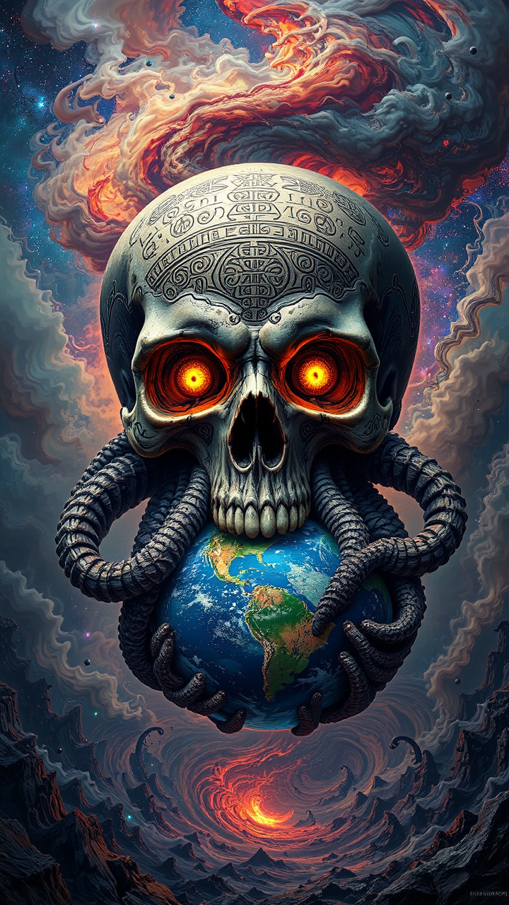 Giant skull grips Earth
